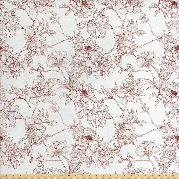 Vintage Sofa Upholstery Fabric by the Yard, Rustic Sprigs with Wild Peonies Nature Inspired Garden Pattern Vintage Look, Decorative Fabric for DIY and Home Accents, Burgundy White by Ambesonne