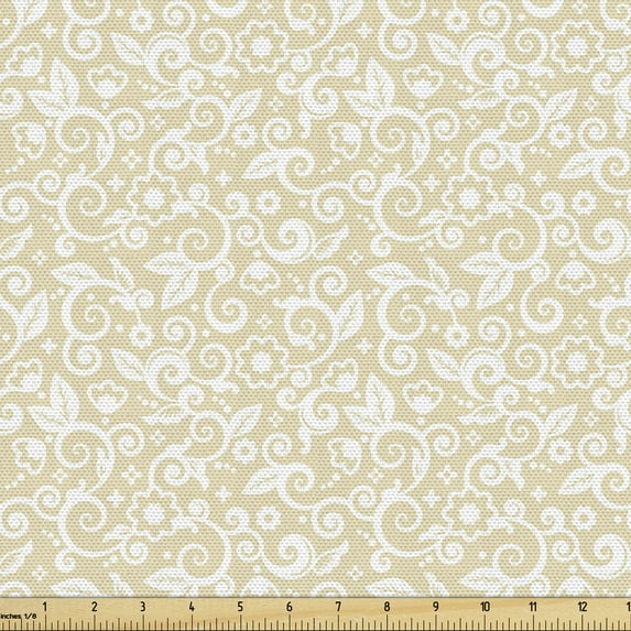 Ambesonne Vintage Fabric by the Yard Upholstery, Simplistic Romantic Floral, 2 Yards, Beige and White