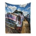 thumbnail image 1 of Vintage Soft Flannel Fleece Blanket, Abandoned Vintage Cars Rusting in a Ghost Town Cloudy Sky Digital Image, Cozy Plush for Indoor and Outdoor Use, 50" x 70", Pale Coffee and Blue, by Ambesonne, 1 of 5