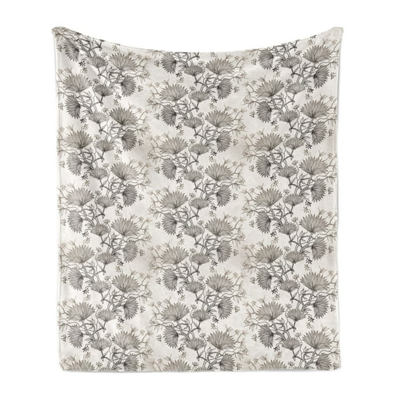 Vintage Soft Flannel Fleece Blanket, Abstract Floral Arrangement with Chrysanthemums Traditional Hand Drawn Pattern, Cozy Plush for Indoor and Outdoor Use, 60" x 80", Taupe Eggshell, by Ambesonne