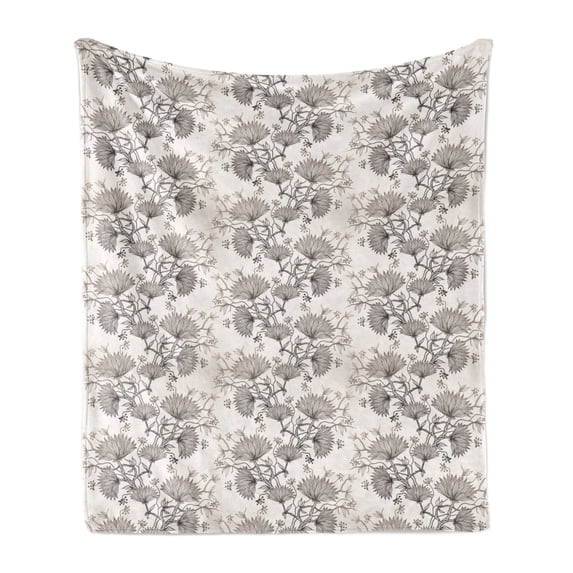 Vintage Soft Flannel Fleece Blanket, Abstract Floral Arrangement with Chrysanthemums Traditional Hand Drawn Pattern, Cozy Plush for Indoor and Outdoor Use, 70" x 90", Taupe Eggshell, by Ambesonne
