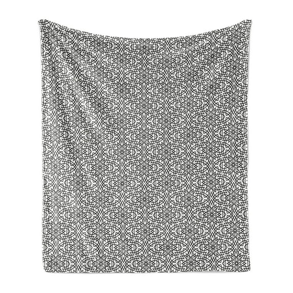 Vintage Soft Flannel Fleece Blanket, Abstract Repetitive Jumble Grid with Floral Details Lattice Ornament, Cozy Plush for Indoor and Outdoor Use, 70" x 90", Charcoal Grey and White, by Ambesonne