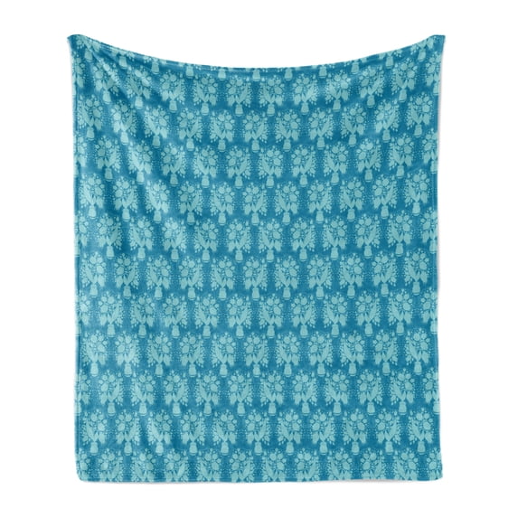 Vintage Soft Flannel Fleece Blanket, Bicolour Floral Silhouette Pattern with Abstract Design Flowers in Pots, Cozy Plush for Indoor and Outdoor Use, 70" x 90", Seafoam and Sea Blue, by Ambesonne