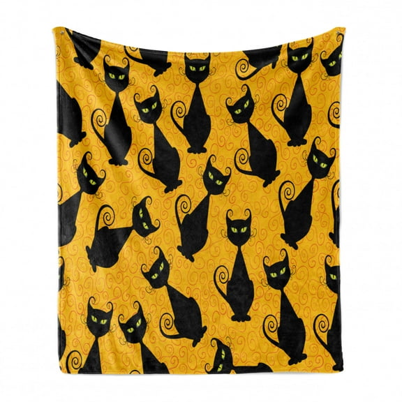 Vintage Soft Flannel Fleece Blanket, Black Cat Pattern for Halloween on Orange Background Celebration Graphic Patterns, Cozy Plush for Indoor and Outdoor Use, 50" x 60", Black Orange, by Ambesonne