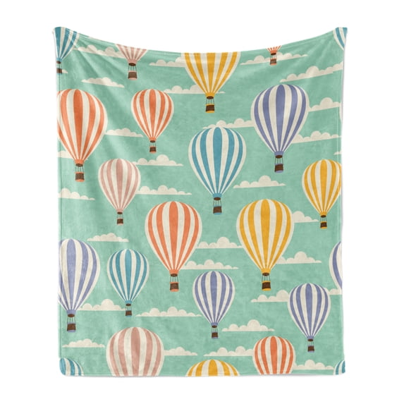 Vintage Soft Flannel Fleece Blanket, Colorful Retro Travel Balloons Texture Cloud Blue Sky Adventure Modern Art, Cozy Plush for Indoor and Outdoor Use, 70" x 90", Blue Orange Purple, by Ambesonne