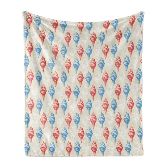 Vintage Soft Flannel Fleece Blanket, Dessert Theme Delicious Creamy Sugary Treats Illustration of Ice Cream, Cozy Plush for Indoor and Outdoor Use, 50" x 60", Eggshell Red and Blue, by Ambesonne