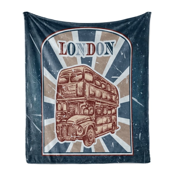 Vintage Soft Flannel Fleece Blanket, Emblem with English Bus on Grunge Background Retro Hand Drawn Sketchy Artwork, Cozy Plush for Indoor and Outdoor Use, 70" x 90", Blue Red Beige, by Ambesonne