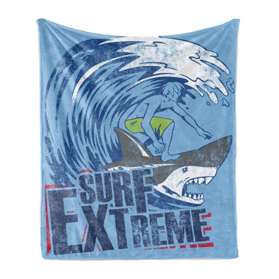 Vintage Soft Flannel Fleece Blanket, Extreme Sports Theme Vintage Illustration of a Surfer and a Shark Pattern, Cozy Plush for Indoor and Outdoor Use, 60" x 80", Blue and Dark Blue, by Ambesonne