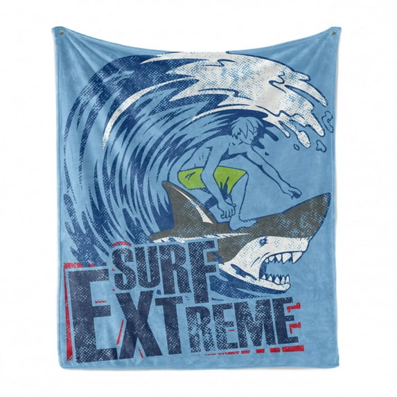 Vintage Soft Flannel Fleece Blanket, Extreme Sports Theme Vintage Illustration of a Surfer and a Shark Pattern, Cozy Plush for Indoor and Outdoor Use, 70" x 90", Blue and Dark Blue, by Ambesonne