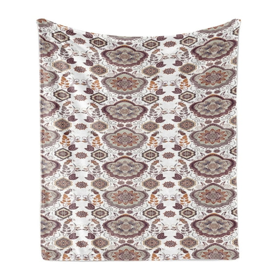 Vintage Soft Flannel Fleece Blanket, Floral Design 60's Geometric Flowers Leaves Petals Bohem Style Pattern Print, Cozy Plush for Indoor and Outdoor Use, 50" x 60", White Brown Grey, by Ambesonne