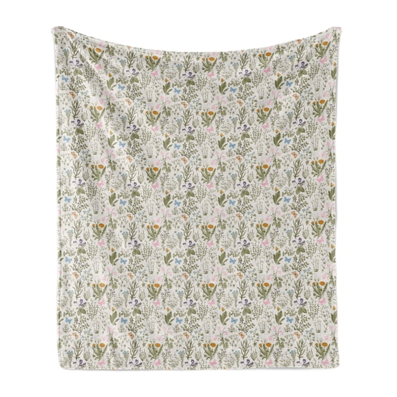 Vintage Soft Flannel Fleece Blanket, Garden Artwork Nature Theme with Herbs and Flowers Colorful Spring Season Elements, Cozy Plush for Indoor and Outdoor Use, 50" x 60", Multicolor, by Ambesonne