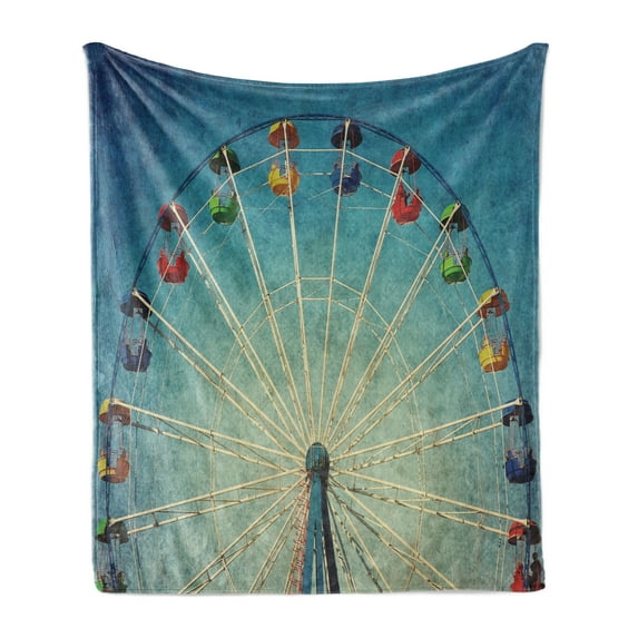 Vintage Soft Flannel Fleece Blanket, Giant Vertical Revolving Ferris Wheel Activity up Antique Entertainment Old Days Picture, Cozy Plush for Indoor and Outdoor Use, 50" x 60", Blue, by Ambesonne