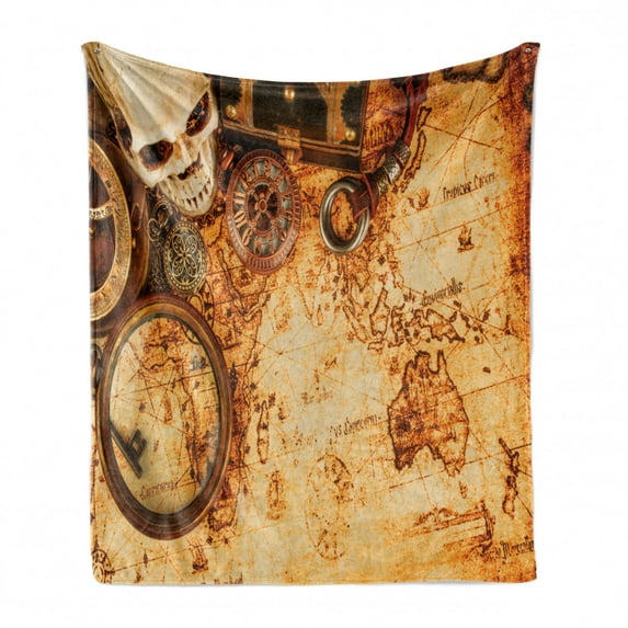 Vintage Soft Flannel Fleece Blanket, Historic Skull Compass Navigation Tools on World Map in Weathered Tones, Cozy Plush for Indoor and Outdoor Use, 50" x 60", Redwood and Sand Brown, by Ambesonne