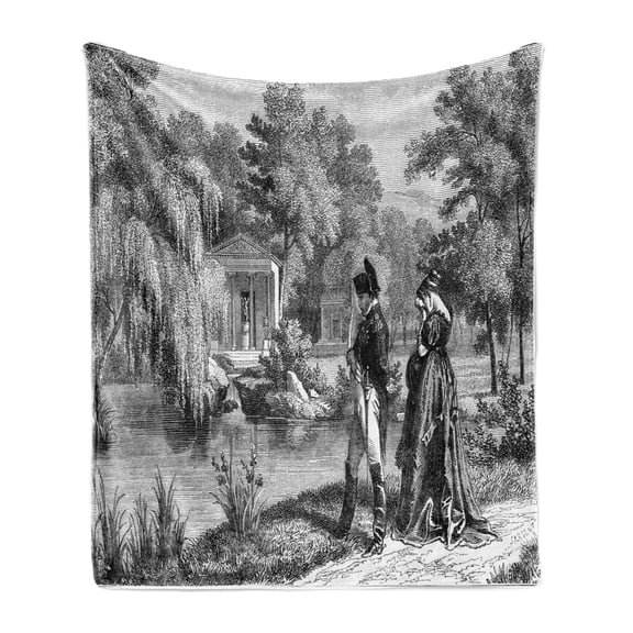 Vintage Soft Flannel Fleece Blanket, Historical French Revolution Sketch with Napoleon and Woman in Garden Artwork, Cozy Plush for Indoor and Outdoor Use, 50" x 60", Dark Grey Black, by Ambesonne