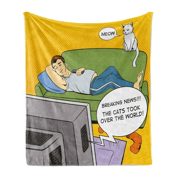 Vintage Soft Flannel Fleece Blanket, Man Lying on Couch Watching TV Cats Take over World Comic Book Pop Art Illustration, Cozy Plush for Indoor and Outdoor Use, 70" x 90", Multicolor, by Ambesonne