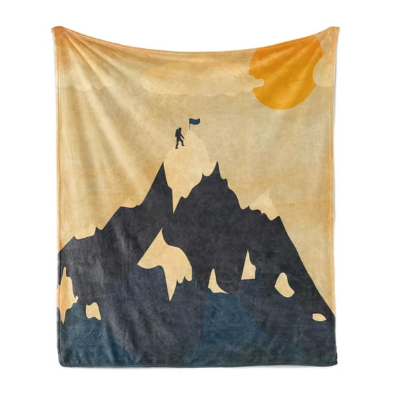Vintage Soft Flannel Fleece Blanket, Man on Mountaintop with Flag Snowy Winter Sun Clouds Adventure Sports, Cozy Plush for Indoor and Outdoor Use, 60" x 80", Orange Mustard Dark Blue, by Ambesonne