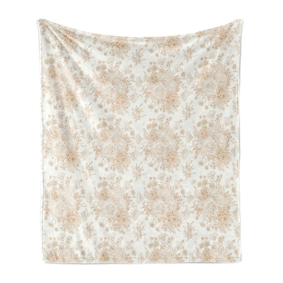 Vintage Soft Flannel Fleece Blanket, Soft Monochrome Outline Style Floral Pattern Nostalgia Inspired Bouquet Print, Cozy Plush for Indoor and Outdoor Use, 60" x 80", Sand Brown White, by Ambesonne