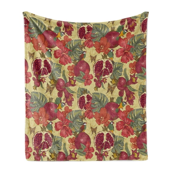 Vintage Soft Flannel Fleece Blanket, Natural Tropical and Exotic Birds Butterflies Flowers and Pomegranate Illustration, Cozy Plush for Indoor and Outdoor Use, 70" x 90", Beige Red, by Ambesonne