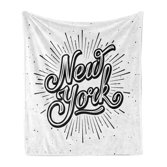 Vintage Soft Flannel Fleece Blanket, New York Typography Star Burst Calligraphy Hand Written Hipster Lettering Artwork, Cozy Plush for Indoor and Outdoor Use, 50" x 60", Black White, by Ambesonne