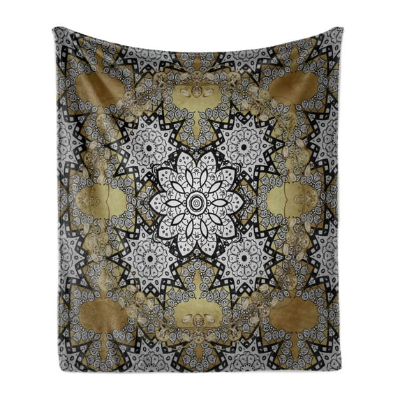 Vintage Soft Flannel Fleece Blanket, Nostalgic Ornament with Folkloric Floral Details Royal Influences, Cozy Plush for Indoor and Outdoor Use, 50" x 60", Fawn Charcoal Grey and Khaki, by Ambesonne