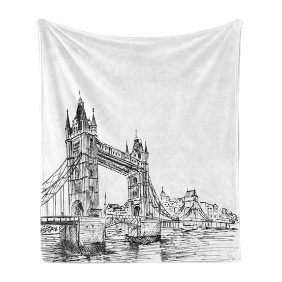 Vintage Soft Flannel Fleece Blanket, Old Fashion London Tower Bridge Sketch Architecture British UK Scenery Art Print, Cozy Plush for Indoor and Outdoor Use, 70" x 90", Black White, by Ambesonne