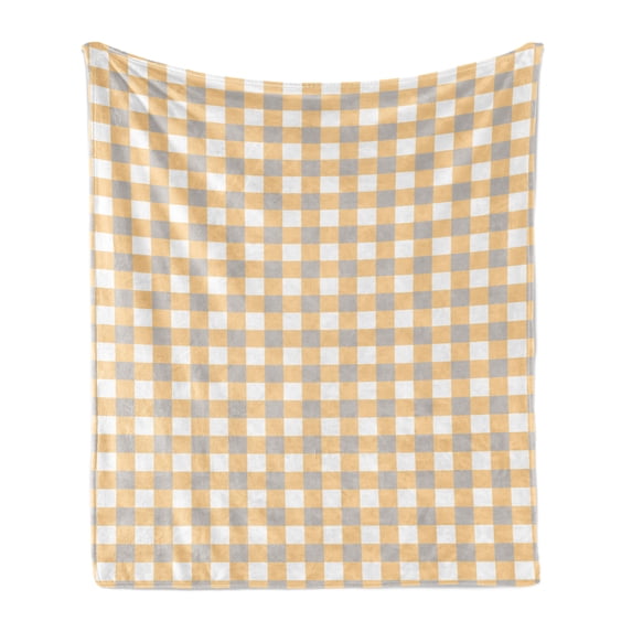 Vintage Soft Flannel Fleece Blanket, Old Fashioned Checkered Pattern in Shabby Colors Geometric Classical, Cozy Plush for Indoor and Outdoor Use, 70" x 90", Orange White Cadet Blue, by Ambesonne