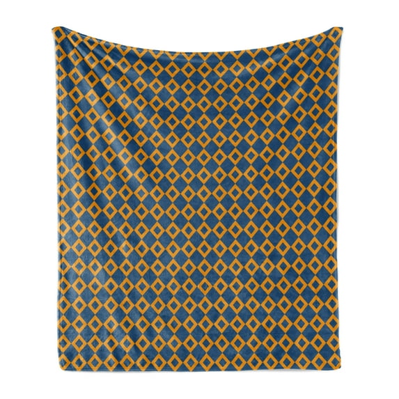 Vintage Soft Flannel Fleece Blanket, Old Fashioned Classical Pattern with Small Squares Chain Mesh Net Simple Tile, Cozy Plush for Indoor and Outdoor Use, 50" x 60", Orange Dark Blue, by Ambesonne