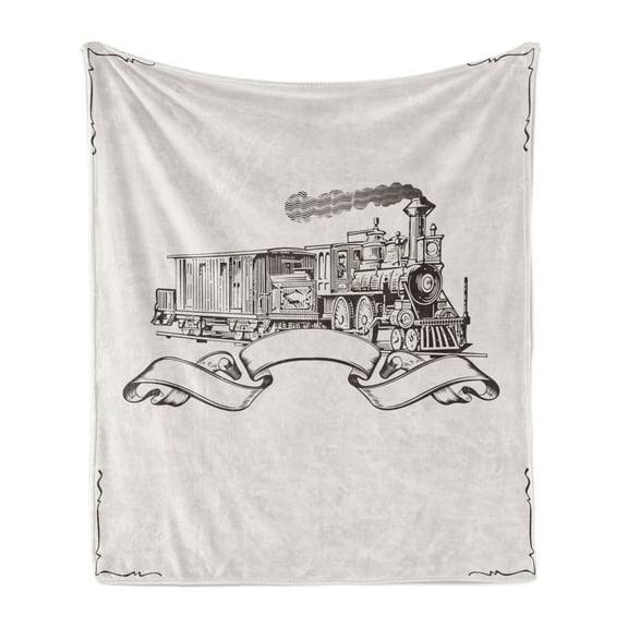 Vintage Soft Flannel Fleece Blanket, Old School Steam Locomotive with Banner on an Off White Background Monochrome, Cozy Plush for Indoor and Outdoor Use, 50" x 60", Cream and Black, by Ambesonne
