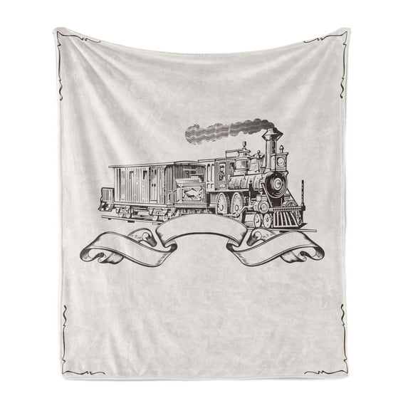 Vintage Soft Flannel Fleece Blanket, Old School Steam Locomotive with Banner on an Off White Background Monochrome, Cozy Plush for Indoor and Outdoor Use, 60" x 80", Cream and Black, by Ambesonne