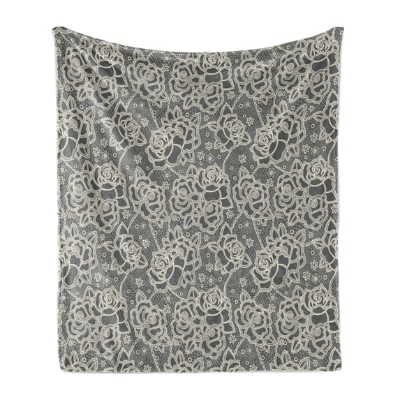 Vintage Soft Flannel Fleece Blanket, Ornate Romantic Roses Pattern Lace Style Backdrop and Victorian Inspirations, Cozy Plush for Indoor and Outdoor Use, 50" x 70", Dark Taupe Cream, by Ambesonne