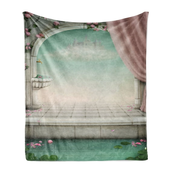 Vintage Soft Flannel Fleece Blanket, Pastel Design Fairytale Castle on Clouds Curtains of Royal Balcony, Cozy Plush for Indoor and Outdoor Use, 50" x 60", Mint Green Rose and Coconut, by Ambesonne