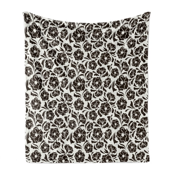 Vintage Soft Flannel Fleece Blanket, Pattern with Nostalgic Abstract Flowers and Leaves Nature Inspired Botany, Cozy Plush for Indoor and Outdoor Use, 70" x 90", Dark Brown and White, by Ambesonne