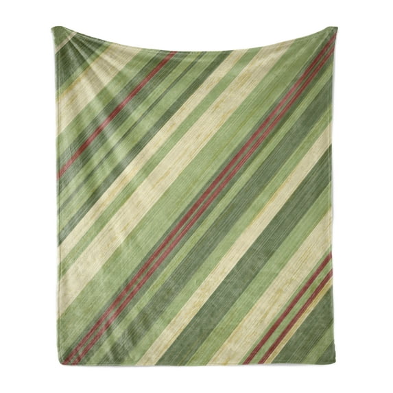 Vintage Soft Flannel Fleece Blanket, Red Green Diagonal Stripes on Old Aged Design Grungy Background Abstract Print, Cozy Plush for Indoor and Outdoor Use, 50" x 70", Cream Green Red, by Ambesonne