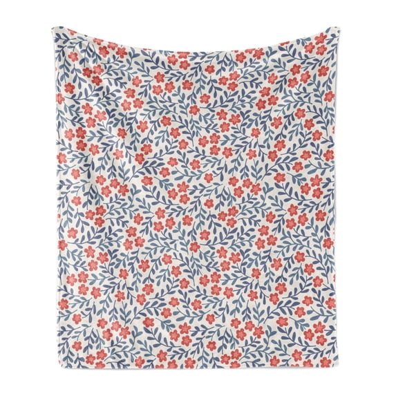 Vintage Soft Flannel Fleece Blanket, Vintage Retro Flower Design Bohemian Classical Ornamental Daisy Blooms Pattern, Cozy Plush for Indoor and Outdoor Use, 50" x 70", Red Blue White, by Ambesonne