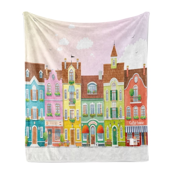Vintage Soft Flannel Fleece Blanket, Retro Houses in Various Colors with Small Businesses Bakery Fishmonger Coffee Shop, Cozy Plush for Indoor and Outdoor Use, 60" x 80", Multicolor, by Ambesonne