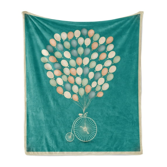 Vintage Soft Flannel Fleece Blanket, Retro Invitation with Baloons and Crius Clown Bike with Jade Green Background Image, Cozy Plush for Indoor and Outdoor Use, 50" x 60", Multicolor, by Ambesonne