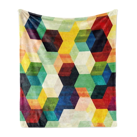 Vintage Soft Flannel Fleece Blanket, Rhombus Pattern Grunge Effect Hexagonal Pattern Colorful Geometric Mosaic Artwork, Cozy Plush for Indoor and Outdoor Use, 70" x 90", Multicolor, by Ambesonne