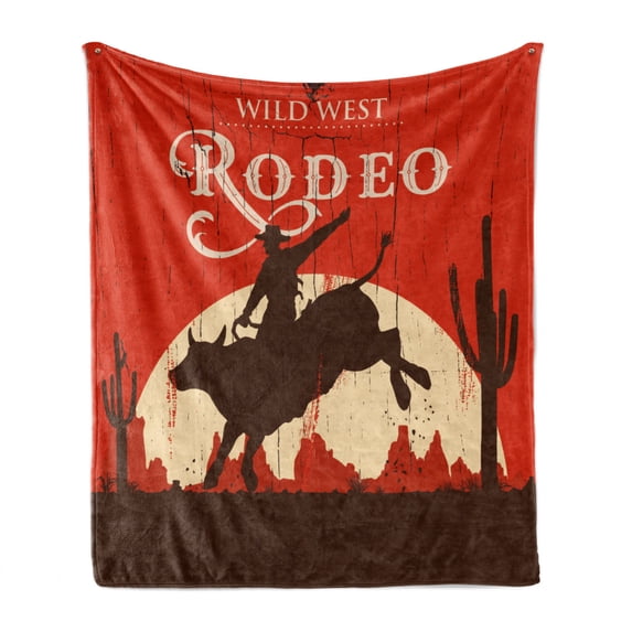 Vintage Soft Flannel Fleece Blanket, Rodeo Cowboy Riding Bull Wooden Old Sign Western Style Wilderness at Sunset Image, Cozy Plush for Indoor and Outdoor Use, 60" x 80", Orange Brown, by Ambesonne