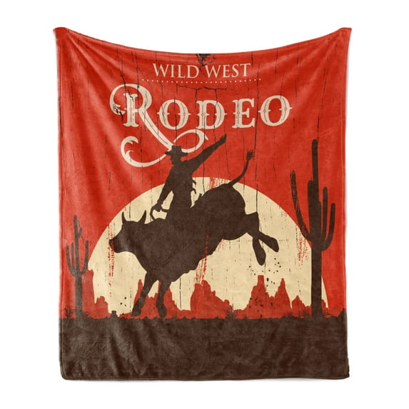 Vintage Soft Flannel Fleece Blanket, Rodeo Cowboy Riding Bull Wooden Old Sign Western Style Wilderness at Sunset Image, Cozy Plush for Indoor and Outdoor Use, 70" x 90", Orange Brown, by Ambesonne