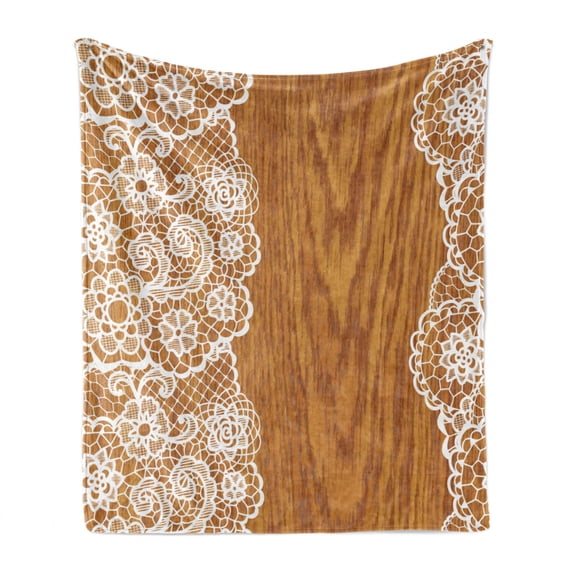 Vintage Soft Flannel Fleece Blanket, Shabby Form Lace Pattern on Wooden Rustic Background Feminine Retro Image, Cozy Plush for Indoor and Outdoor Use, 50" x 60", Pale Caramel White, by Ambesonne