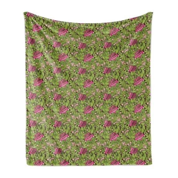 Vintage Soft Flannel Fleece Blanket, Swirling Green Spring Leaves Pink Blossoms Traditional Scroll Pattern, Cozy Plush for Indoor and Outdoor Use, 50" x 60", Apple Green Pink Brown, by Ambesonne