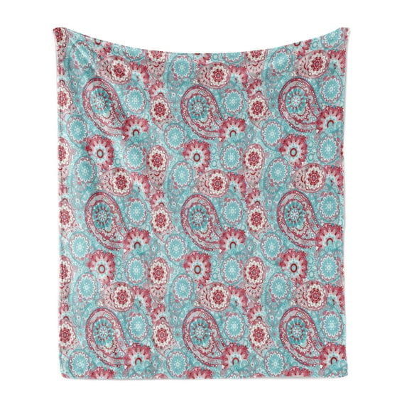 Vintage Soft Flannel Fleece Blanket, Traditional Oriental Spring Flowers Pattern Paisley Ornamental Eastern Artwork, Cozy Plush for Indoor and Outdoor Use, 70" x 90", Pink Pale Blue, by Ambesonne