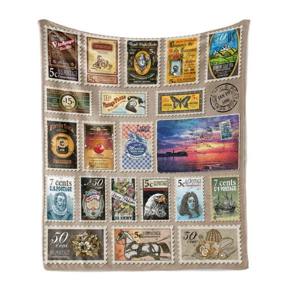 Vintage Soft Flannel Fleece Blanket, Traveler Tourist Creative Stamps Design Traveling the World Adventure Wanderlust, Cozy Plush for Indoor and Outdoor Use, 70" x 90", Brown Yellow, by Ambesonne