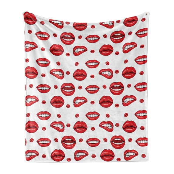 Vintage Soft Flannel Fleece Blanket, Various Women Lip Forms in Several Gestures Sad Nervous Happy Female Print, Cozy Plush for Indoor and Outdoor Use, 70" x 90", Vermilion and White, by Ambesonne