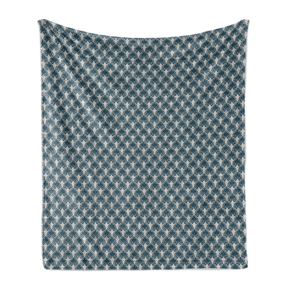 Vintage Soft Flannel Fleece Blanket, Worn out Scale Style Nature Garden Design Antique Style Curved Floral Motif, Cozy Plush for Indoor and Outdoor Use, 50" x 70", Dark Teal Eggshell, by Ambesonne