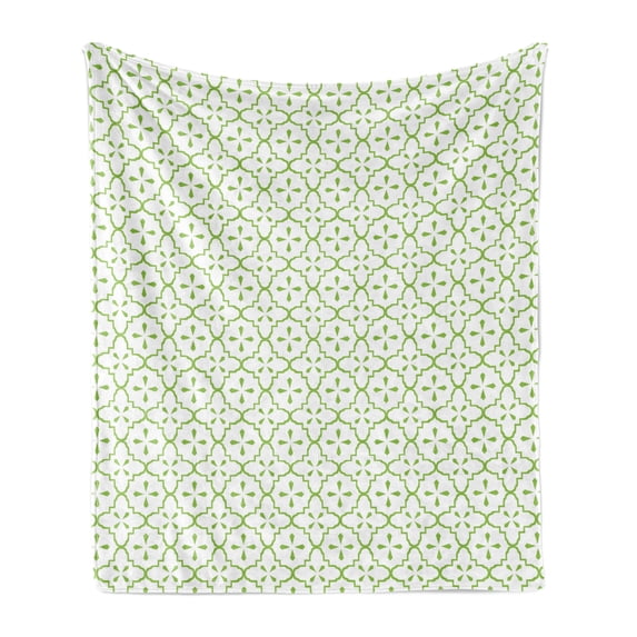 Vintage Soft Flannel Fleece Throw Blanket, Abstract Flowers Motifs with Geometric Shapes Monochrome Illustration, Cozy Plush for Indoor and Outdoor Use, 70" x 90", Lime Green and White, by Ambesonne