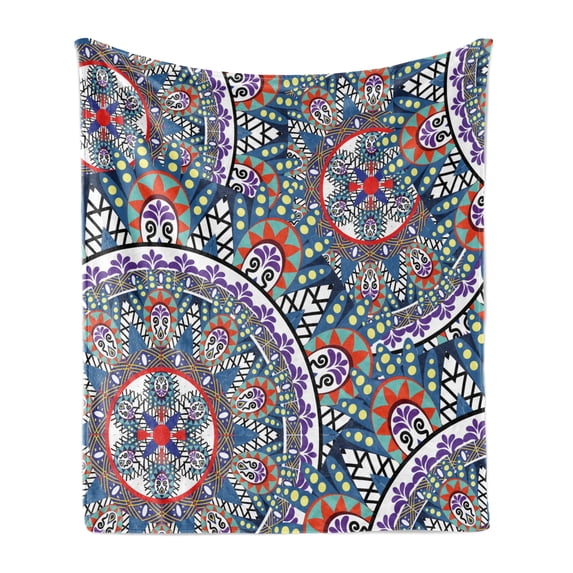 Vintage Soft Flannel Fleece Throw Blanket, Abstract Graphic Ornamental Hand Drawn Artwork with Circular Floral Motifs, Cozy Plush for Indoor and Outdoor Use, 70" x 90", Multicolor, by Ambesonne