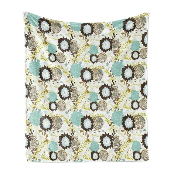 Vintage Soft Flannel Fleece Throw Blanket, Abstract Pattern of Old Fashioned Exotic Flowers Retro Revival Blossoms, Cozy Plush for Indoor and Outdoor Use, 60" x 80", Seafoam Brown Green, by Ambesonne
