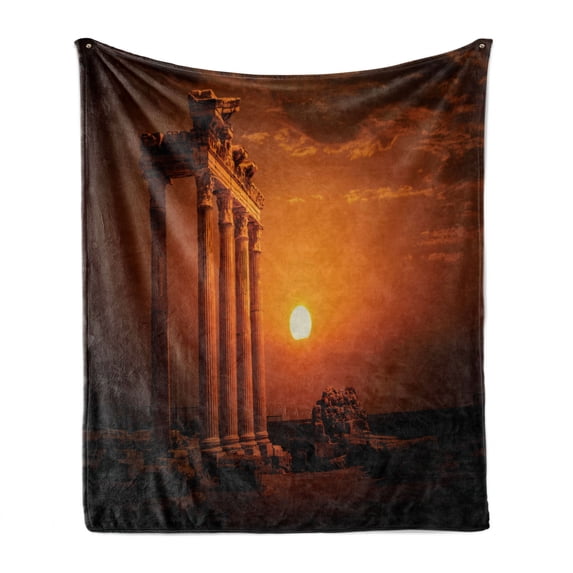 Vintage Soft Flannel Fleece Throw Blanket, Antique Style Rome Empire Monuments Columns with Sun Picture, Cozy Plush for Indoor and Outdoor Use, 50" x 70", Orange and White, by Ambesonne