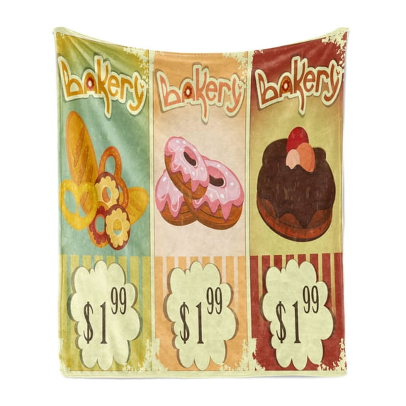 Vintage Soft Flannel Fleece Throw Blanket, Bakery of Delicious Pastries Deserts Doughnuts and Cakes with Price Tags Pattern, Cozy Plush for Indoor and Outdoor Use, 70" x 90", Multicolor, by Ambesonne